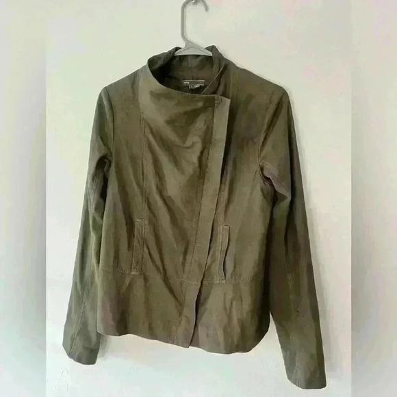 VINCE Scuba Asymmetrical Lambskin Leather green khaki suede Jacket Size large - Picture 6 of 16